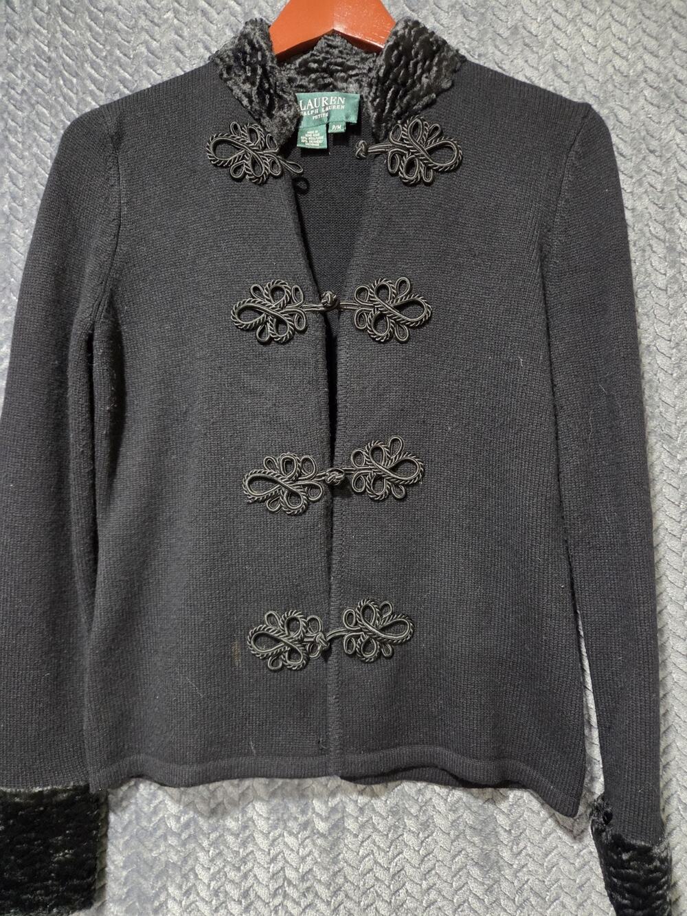 Lauren Ralph Lauren Knit Frog Closure Front V-Neck Cardigan Black Petite Med